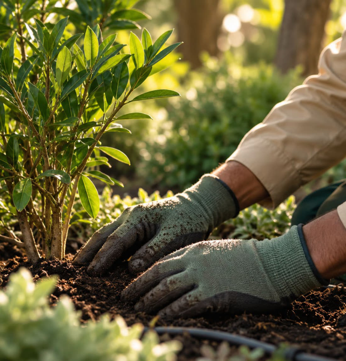 Gloved hands working rich soil around a young plant