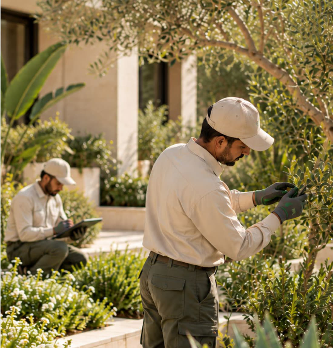 Two gardeners inspecting plants and taking notes