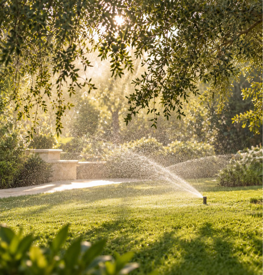 A sprinkler watering a lawn in morning light